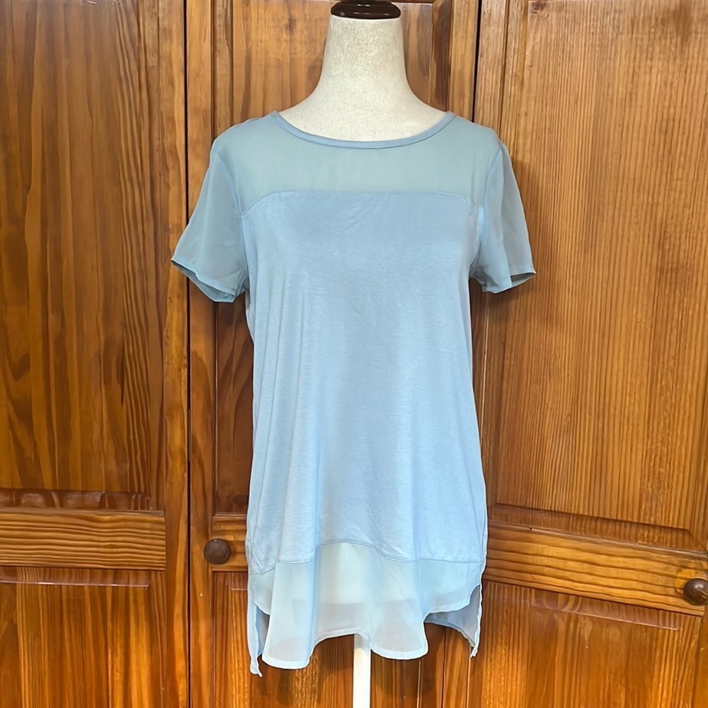 Vince Camuto High-Low Sheer Contrast Short Sleeve Top